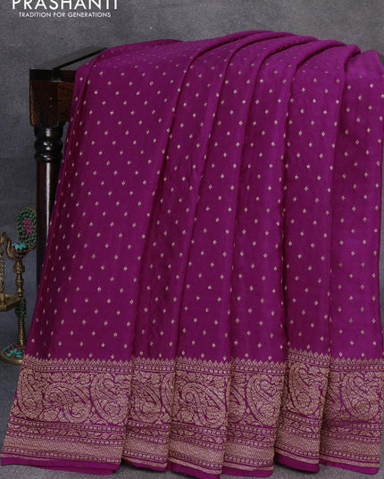 Pure banarasi crepe saree purple and pastel peach shade with allover thread & zari woven buttas and woven border and embroidery work readymade blouse - {{ collection.title }} by Prashanti Sarees