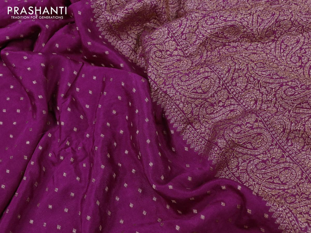 Pure banarasi crepe saree purple and pastel peach shade with allover thread & zari woven buttas and woven border and embroidery work readymade blouse - {{ collection.title }} by Prashanti Sarees
