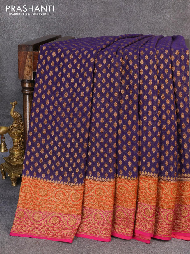 Pure banarasi georgette saree navy blue and pink with allover thread & zari woven butta weaves and woven border - {{ collection.title }} by Prashanti Sarees
