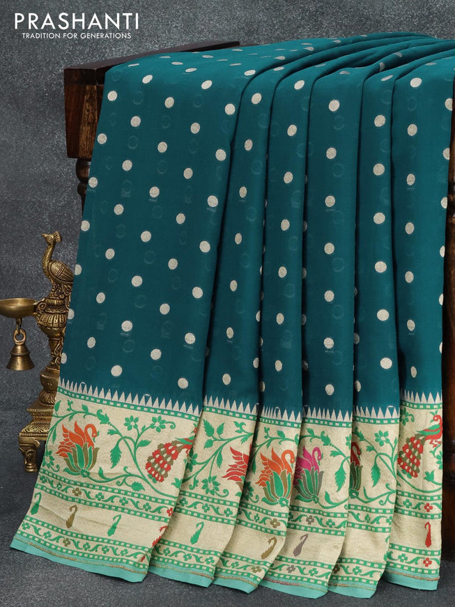 Pure banarasi georgette saree peacock blue and passtel green with zari woven buttas and zari woven peacock & floral design paithani boder - {{ collection.title }} by Prashanti Sarees