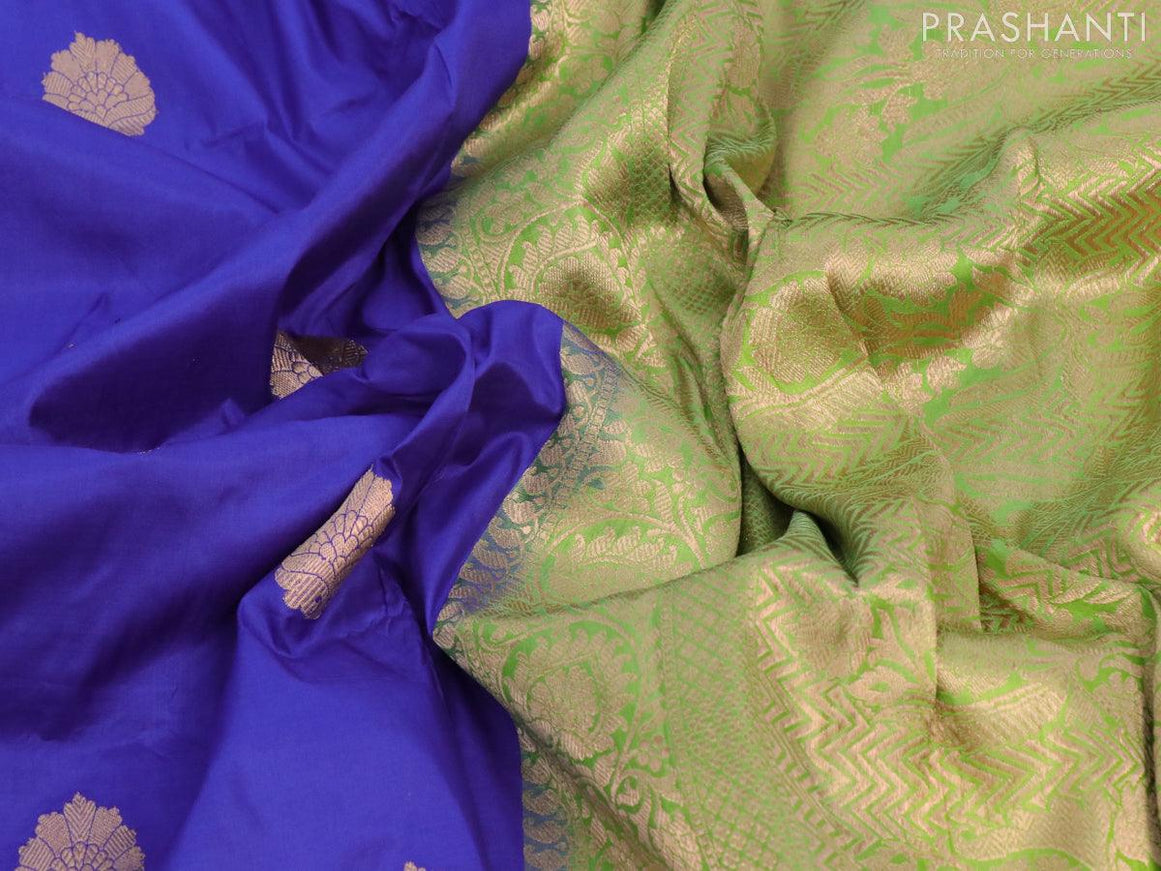Pure banarasi katan silk saree blue and light green with zari woven buttas and floral zari woven border - {{ collection.title }} by Prashanti Sarees