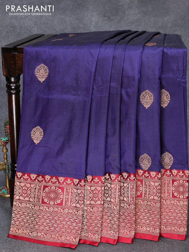 Pure banarasi katan silk saree blue and maroon with floral zari woven buttas and zari woven border - {{ collection.title }} by Prashanti Sarees