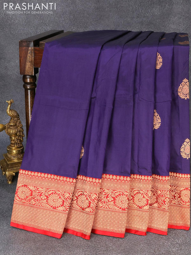 Pure banarasi katan silk saree blue and red with zari woven buttas and floral zari woven border - {{ collection.title }} by Prashanti Sarees