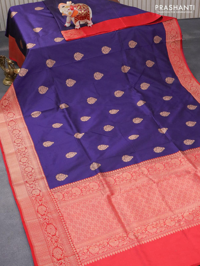 Pure banarasi katan silk saree blue and red with zari woven buttas and floral zari woven border - {{ collection.title }} by Prashanti Sarees