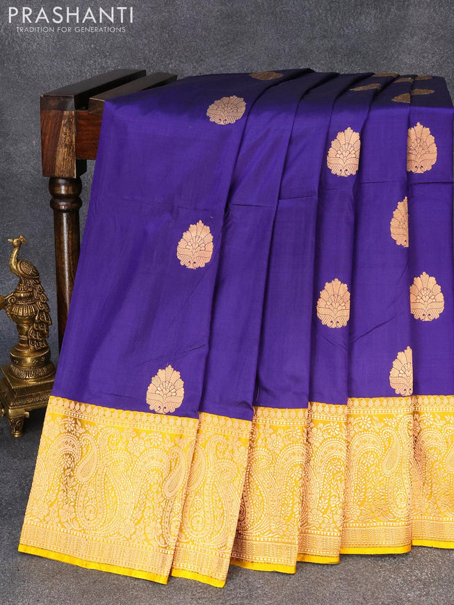 Pure banarasi katan silk saree blue and yellow with zari woven buttas and zari woven border - {{ collection.title }} by Prashanti Sarees
