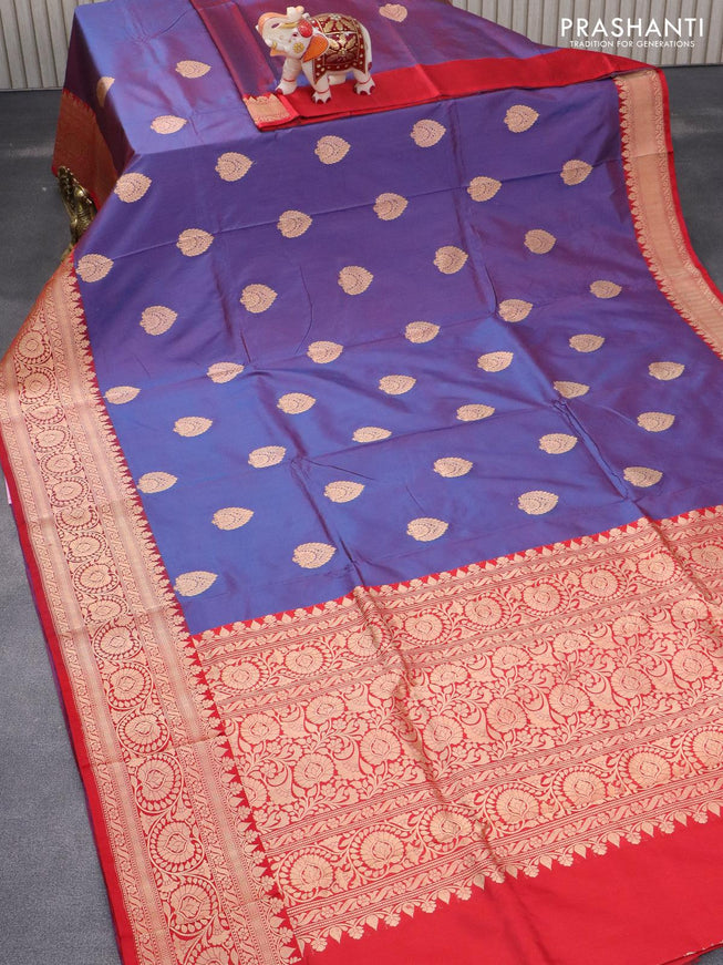 Pure banarasi katan silk saree dual shade of blue and red with zari woven buttas and floral zari woven border - {{ collection.title }} by Prashanti Sarees