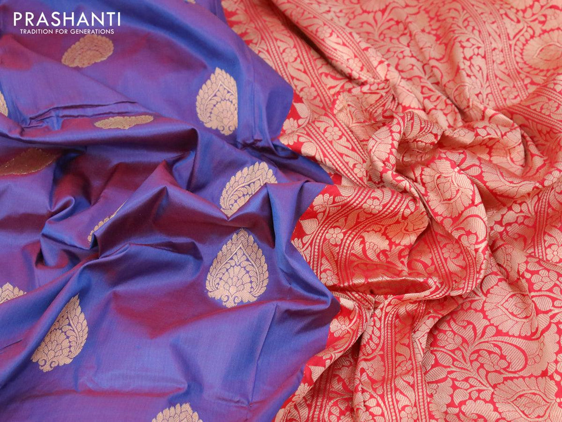 Pure banarasi katan silk saree dual shade of blue and red with zari woven buttas and floral zari woven border - {{ collection.title }} by Prashanti Sarees