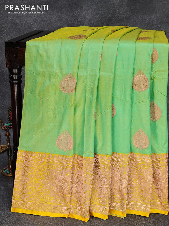 Pure banarasi katan silk saree green shade and yellow with zari woven buttas and floral zari woven border - {{ collection.title }} by Prashanti Sarees