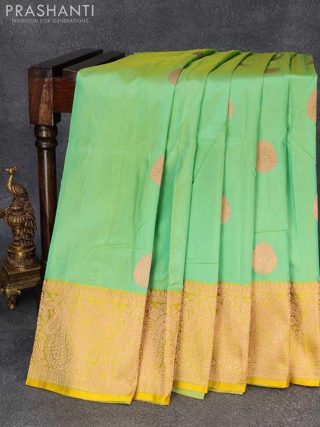 Pure banarasi katan silk saree green shade and yellow with zari woven buttas and zari woven border - {{ collection.title }} by Prashanti Sarees