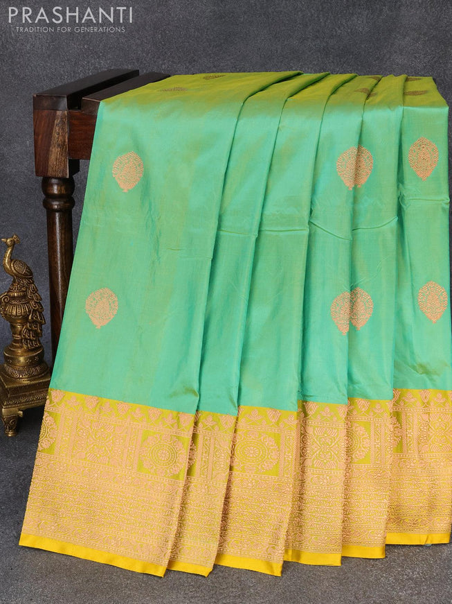 Pure banarasi katan silk saree light green and yellow with zari woven buttas and zari woven border - {{ collection.title }} by Prashanti Sarees