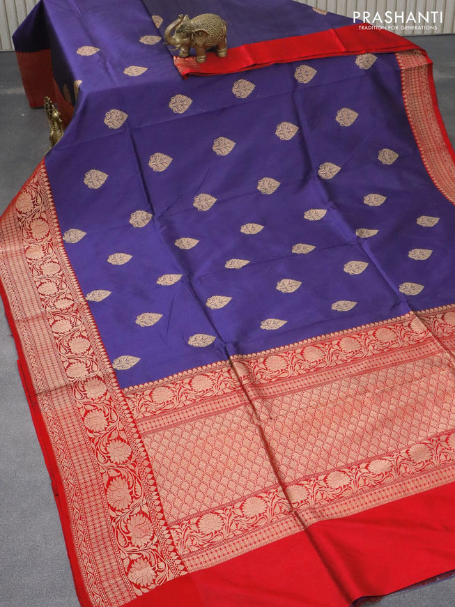 Pure banarasi katan silk saree navy blue and red with zari woven buttas and floral zari woven border - {{ collection.title }} by Prashanti Sarees