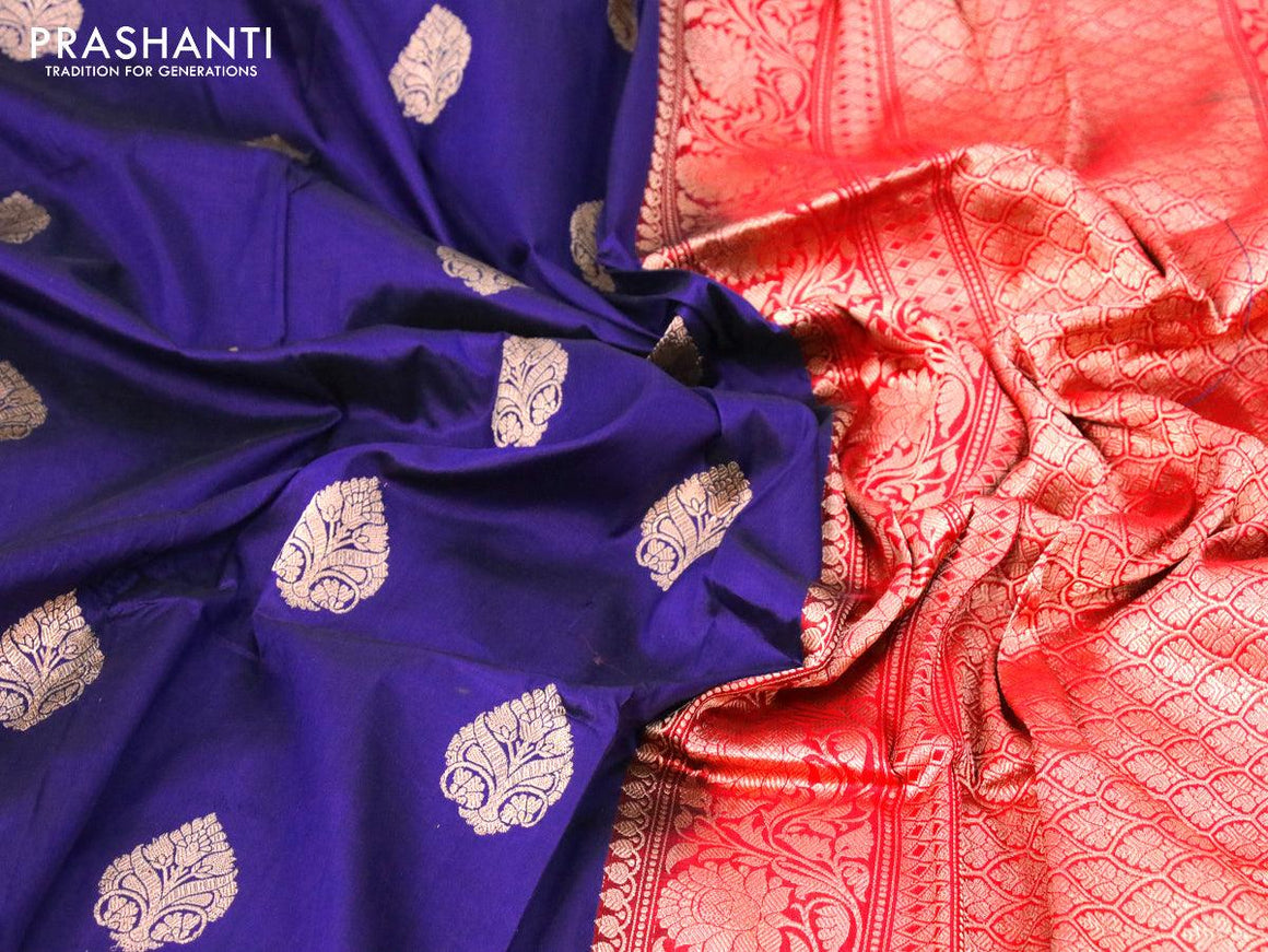 Pure banarasi katan silk saree navy blue and red with zari woven buttas and floral zari woven border - {{ collection.title }} by Prashanti Sarees