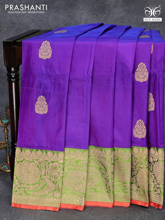 Blue raw mango silk saree with floral zari buttas, contrast border of meenakari zari floral designs & jaal pallu main image 1