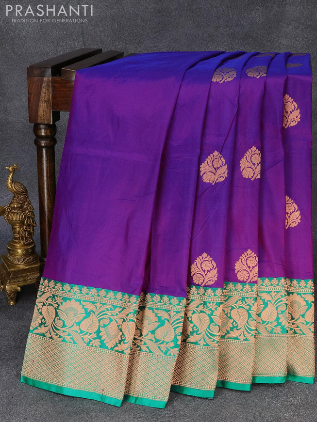 Pure banarasi katan silk saree violet and teal green with zari woven floral buttas and floral zari woven border - {{ collection.title }} by Prashanti Sarees
