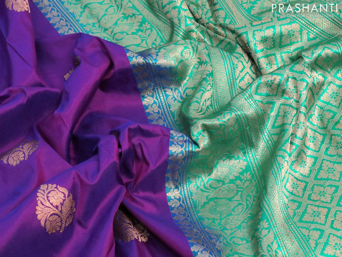 Pure banarasi katan silk saree violet and teal green with zari woven floral buttas and floral zari woven border - {{ collection.title }} by Prashanti Sarees