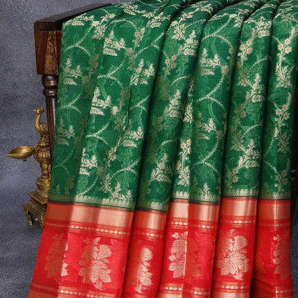 Pure banarasi silk kota saree green and red with allover zari weaves and zari woven floral butta border - {{ collection.title }} by Prashanti Sarees