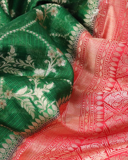 Pure banarasi silk kota saree green and red with allover zari weaves and zari woven floral butta border - {{ collection.title }} by Prashanti Sarees