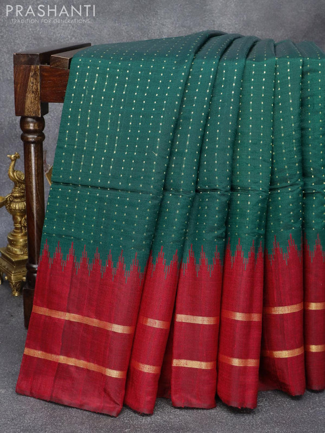Pure dupion silk saree green and maroon with allover zari weaves and temple design rettapet zari woven border - {{ collection.title }} by Prashanti Sarees