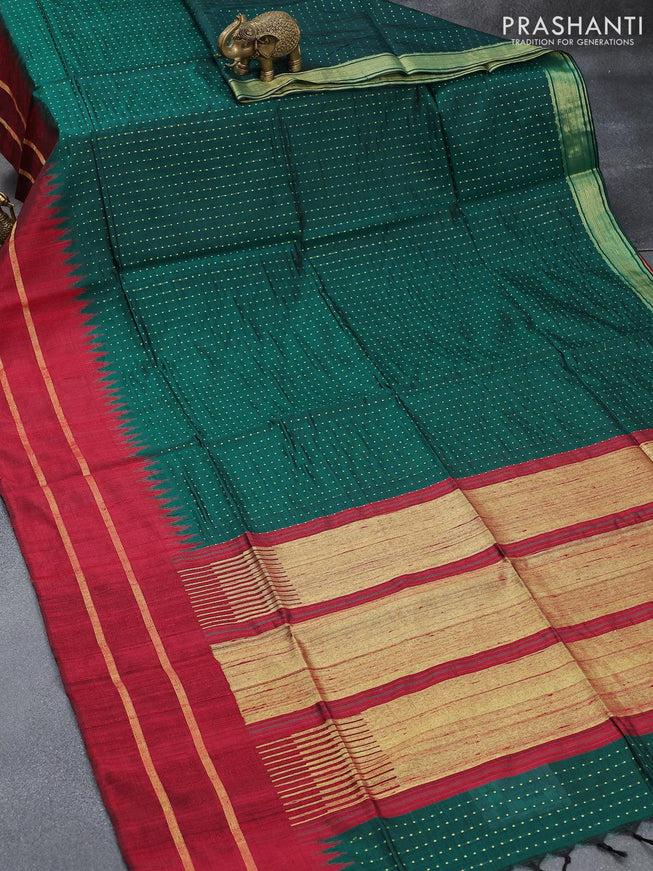 Pure dupion silk saree green and maroon with allover zari weaves and temple design rettapet zari woven border - {{ collection.title }} by Prashanti Sarees