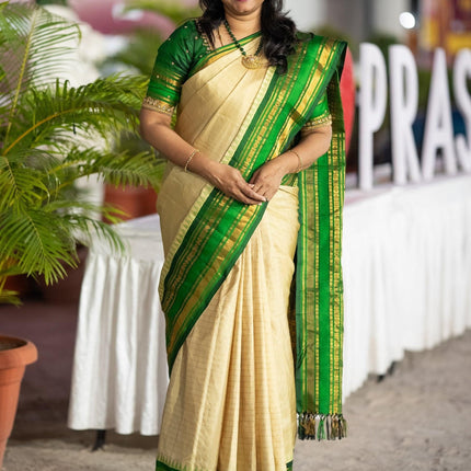 Pure gadwal silk saree beige and bottle green with allover zari checked pattern and temple design zari woven border - {{ collection.title }} by Prashanti Sarees