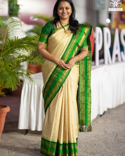 Pure gadwal silk saree beige and bottle green with allover zari checked pattern and temple design zari woven border - {{ collection.title }} by Prashanti Sarees