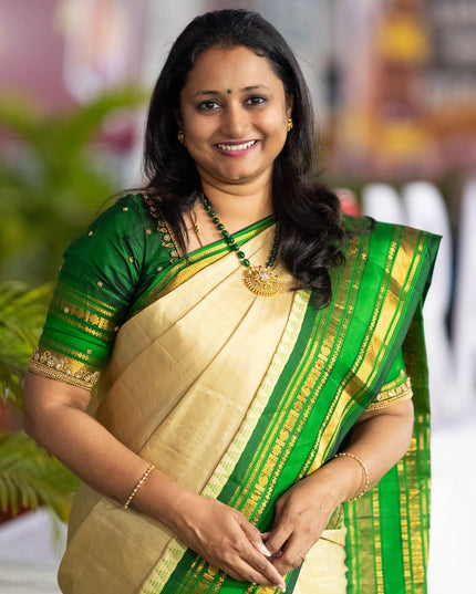 Pure gadwal silk saree beige and bottle green with allover zari checked pattern and temple design zari woven border - {{ collection.title }} by Prashanti Sarees