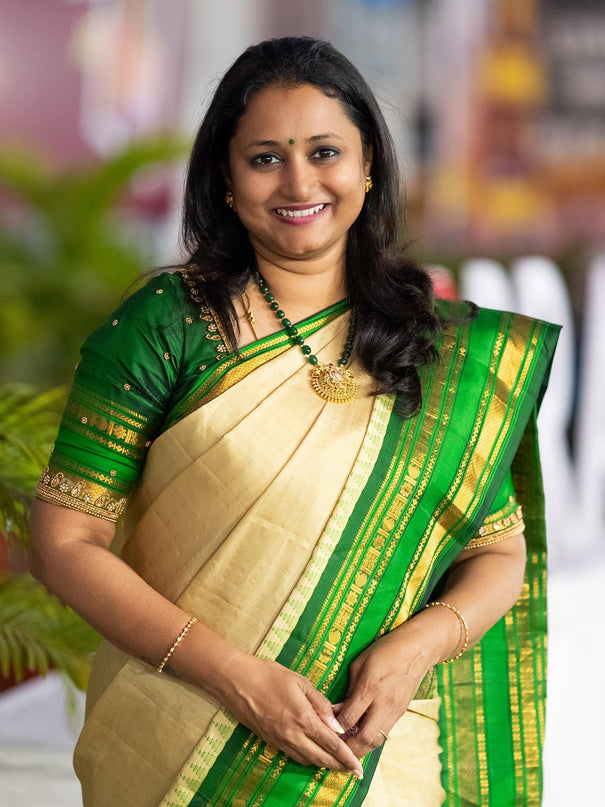 Pure gadwal silk saree beige and bottle green with allover zari checked pattern and temple design zari woven border - {{ collection.title }} by Prashanti Sarees