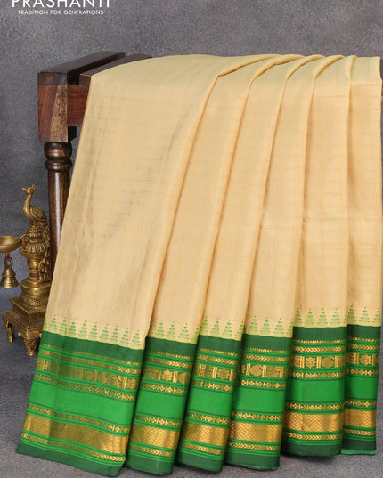 Pure gadwal silk saree beige and bottle green with allover zari checked pattern and temple design zari woven border - {{ collection.title }} by Prashanti Sarees