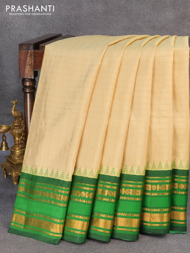 Pure gadwal silk saree beige and bottle green with allover zari checked pattern and temple design zari woven border - {{ collection.title }} by Prashanti Sarees
