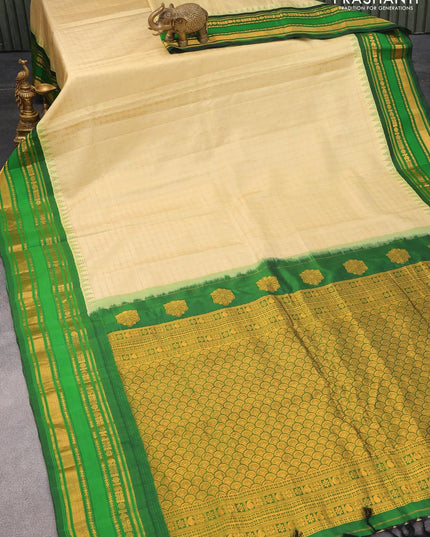 Pure gadwal silk saree beige and bottle green with allover zari checked pattern and temple design zari woven border - {{ collection.title }} by Prashanti Sarees