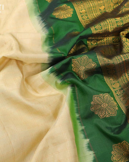Pure gadwal silk saree beige and bottle green with allover zari checked pattern and temple design zari woven border - {{ collection.title }} by Prashanti Sarees