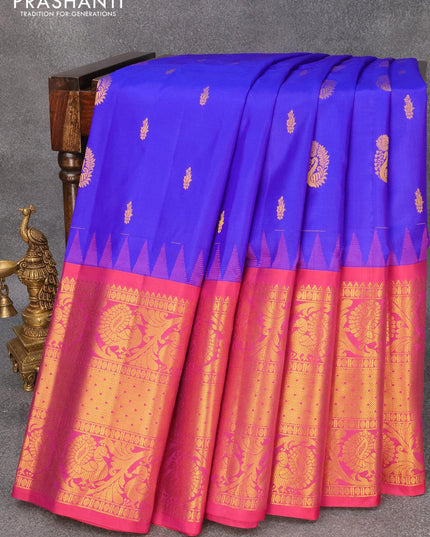 Pure gadwal silk saree blue and pink with peacock design zari woven buttas and temple design long annam zari woven border - {{ collection.title }} by Prashanti Sarees