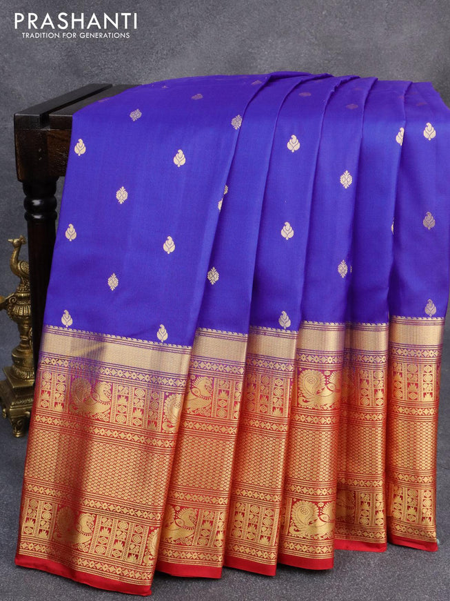 Pure gadwal silk saree blue and red with allover zari woven buttas and long zari woven border - {{ collection.title }} by Prashanti Sarees