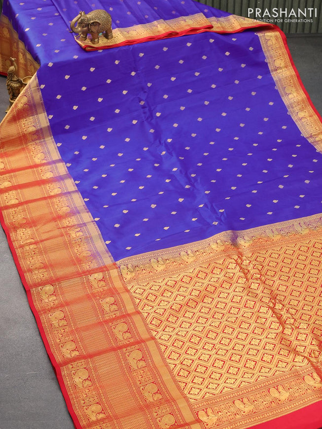Pure gadwal silk saree blue and red with allover zari woven buttas and long zari woven border - {{ collection.title }} by Prashanti Sarees