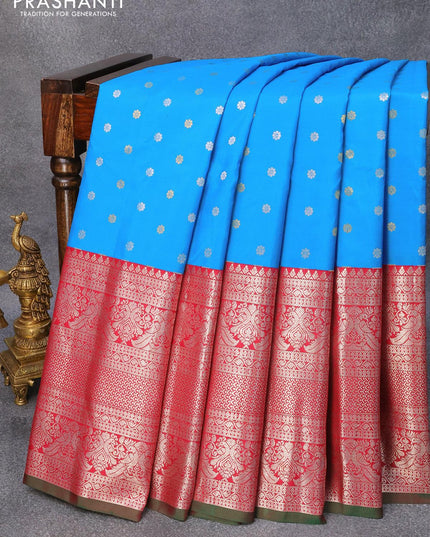 Pure gadwal silk saree cs blue and dark pink with allover silver & gold zari woven buttas and long silver zari woven border - {{ collection.title }} by Prashanti Sarees