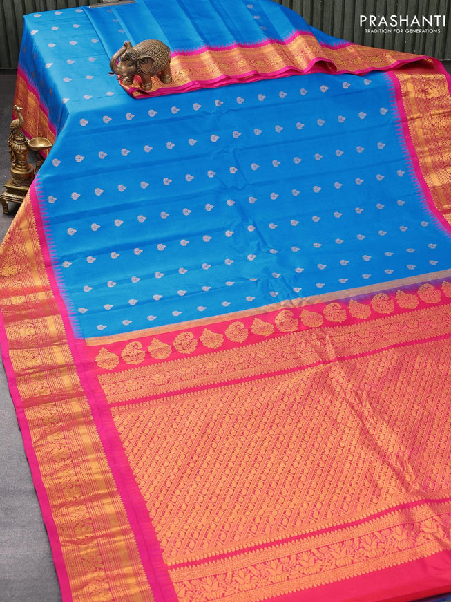 Pure gadwal silk saree cs blue and pink with zari woven buttas and temple design zari woven border - {{ collection.title }} by Prashanti Sarees