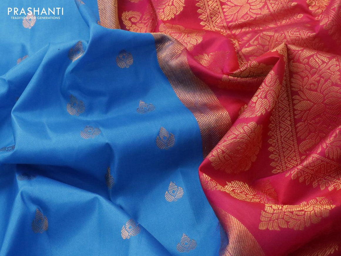 Pure gadwal silk saree cs blue and pink with zari woven buttas and temple design zari woven border - {{ collection.title }} by Prashanti Sarees