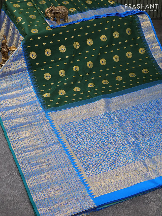 Pure gadwal silk saree dark green and cs blue with zari woven buttas and long rich annam zari woven border and Butta style - {{ collection.title }} by Prashanti Sarees
