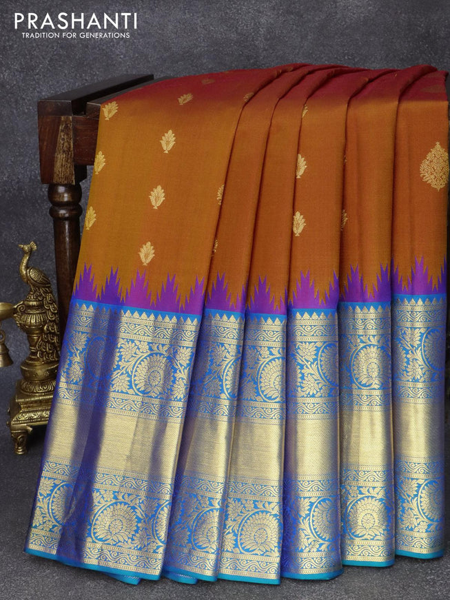 Pure gadwal silk saree dark mustard and dual shade of bluish green with allover zari woven buttas and temple design long floral zari woven border - {{ collection.title }} by Prashanti Sarees