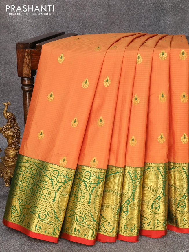 Pure gadwal silk saree dark mustard and green with allover zari woven buttas and annam zari woven border - {{ collection.title }} by Prashanti Sarees