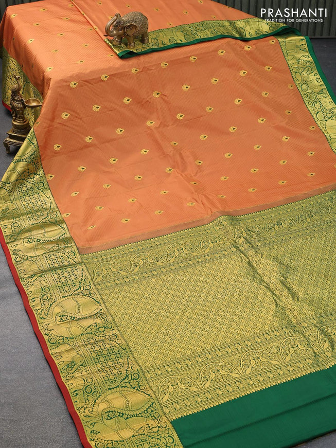 Pure gadwal silk saree dark mustard and green with allover zari woven buttas and annam zari woven border - {{ collection.title }} by Prashanti Sarees