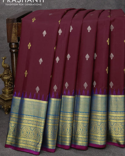 Pure gadwal silk saree deep maroon and cs blue with zari woven buttas and temple design zari woven border - {{ collection.title }} by Prashanti Sarees