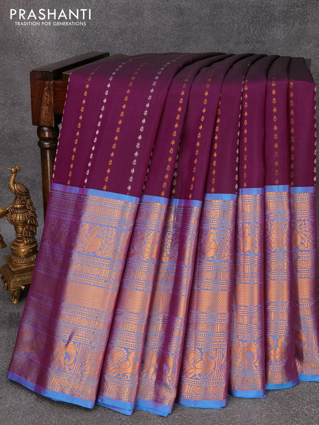 Pure gadwal silk saree deep purple and dual shade of cs blue with allover silver & gold zari weaves and long rich zari woven border - {{ collection.title }} by Prashanti Sarees