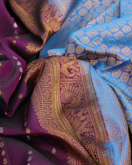 Pure gadwal silk saree deep purple and dual shade of cs blue with allover silver & gold zari weaves and long rich zari woven border - {{ collection.title }} by Prashanti Sarees