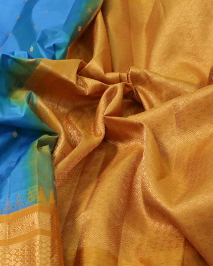 Pure gadwal silk saree dual shade of blue and mustard yellow with allover zari woven buttas and temple design long zari woven border - {{ collection.title }} by Prashanti Sarees