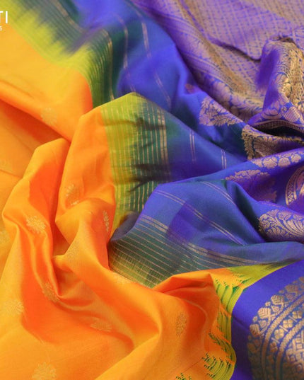 Pure gadwal silk saree dual shade of mango yellow and dual shade of bluish green with allover zari woven buttas and long floral design zari woven border - {{ collection.title }} by Prashanti Sarees