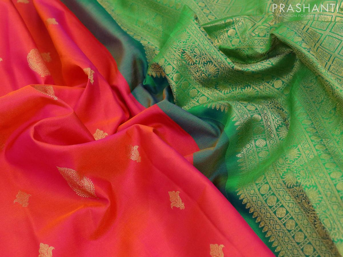 Pure gadwal silk saree dual shade of pink and green with allover zari woven buttas and annam zari woven border - {{ collection.title }} by Prashanti Sarees