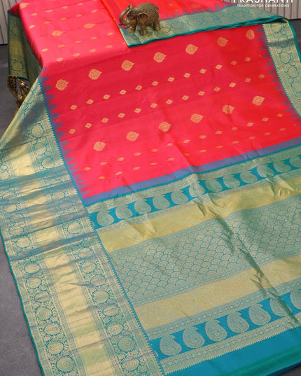 Pure gadwal silk saree dual shade of pinkish orange and teal blue with allover zari woven buttas and temple design long zari woven border - {{ collection.title }} by Prashanti Sarees