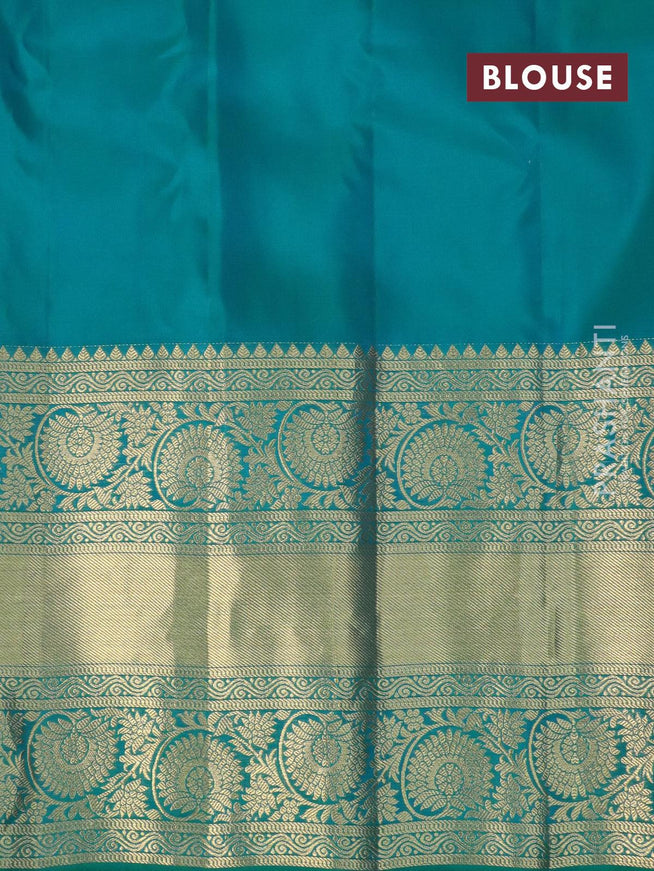 Pure gadwal silk saree dual shade of pinkish orange and teal blue with allover zari woven buttas and temple design long zari woven border - {{ collection.title }} by Prashanti Sarees