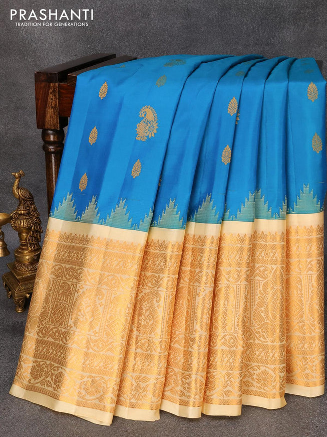Pure gadwal silk saree dual shade of teal blue and cream with zari woven buttas and temple design long zari woven border - {{ collection.title }} by Prashanti Sarees